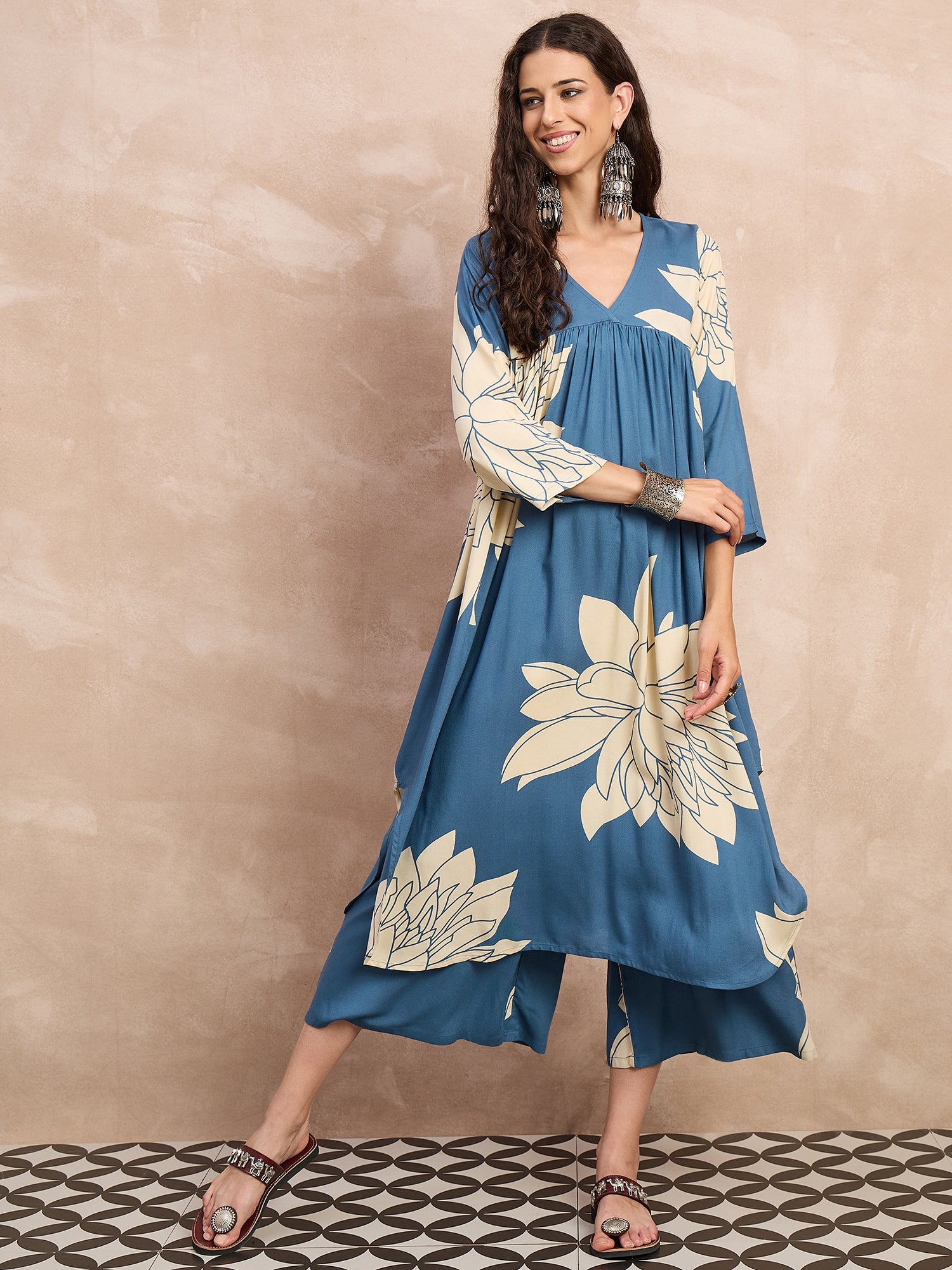 Blue Big Lotus Print Flared Kurta Set
