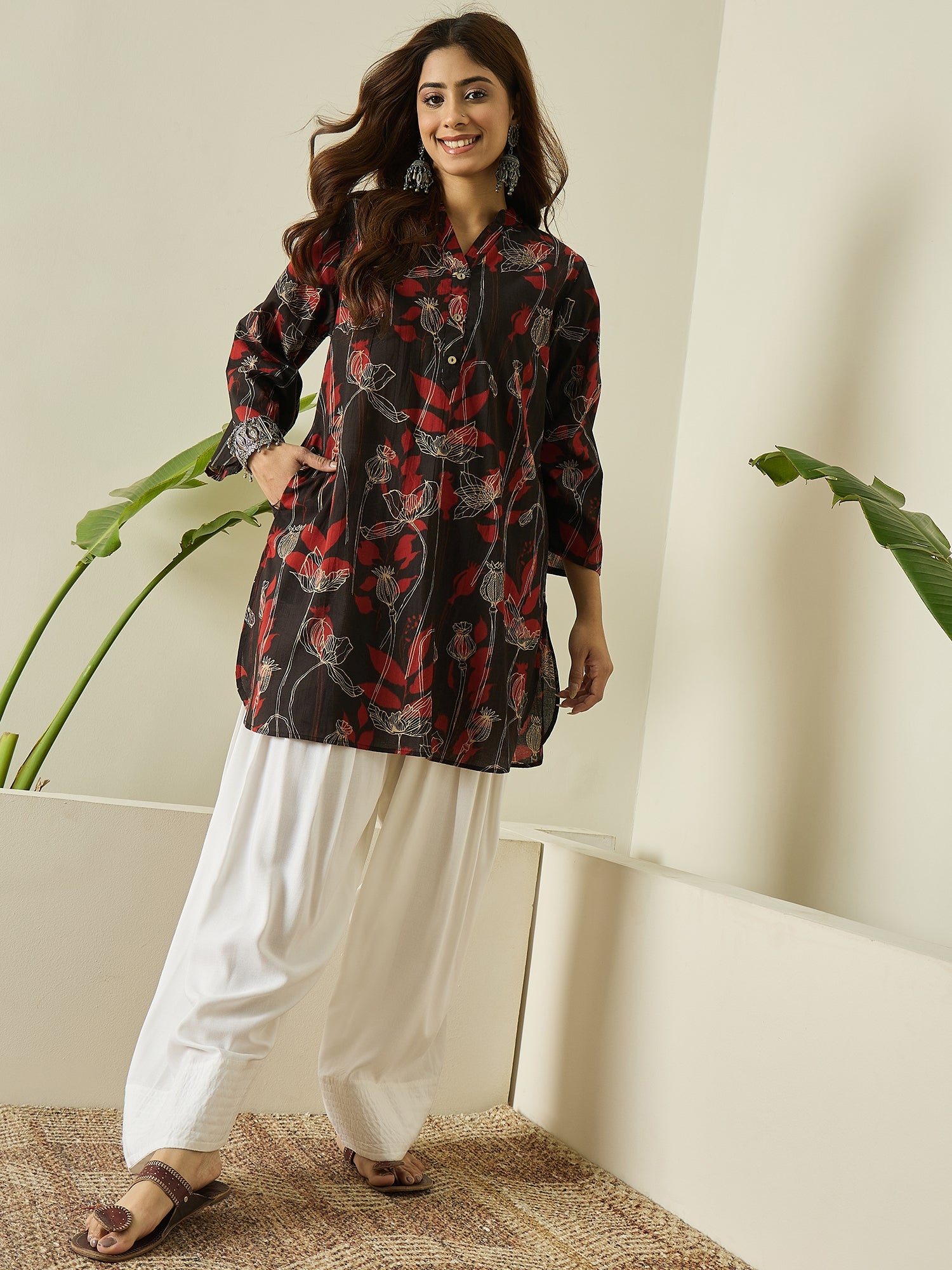 Black Maroon Leaf Kurta White Salwar Set