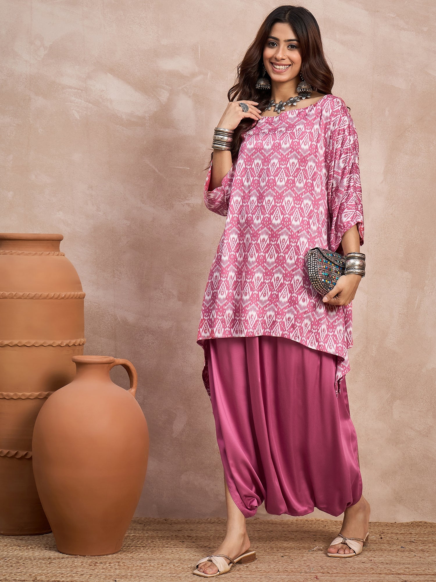 Punch Pink Foil Boat Neck Dhoti Set