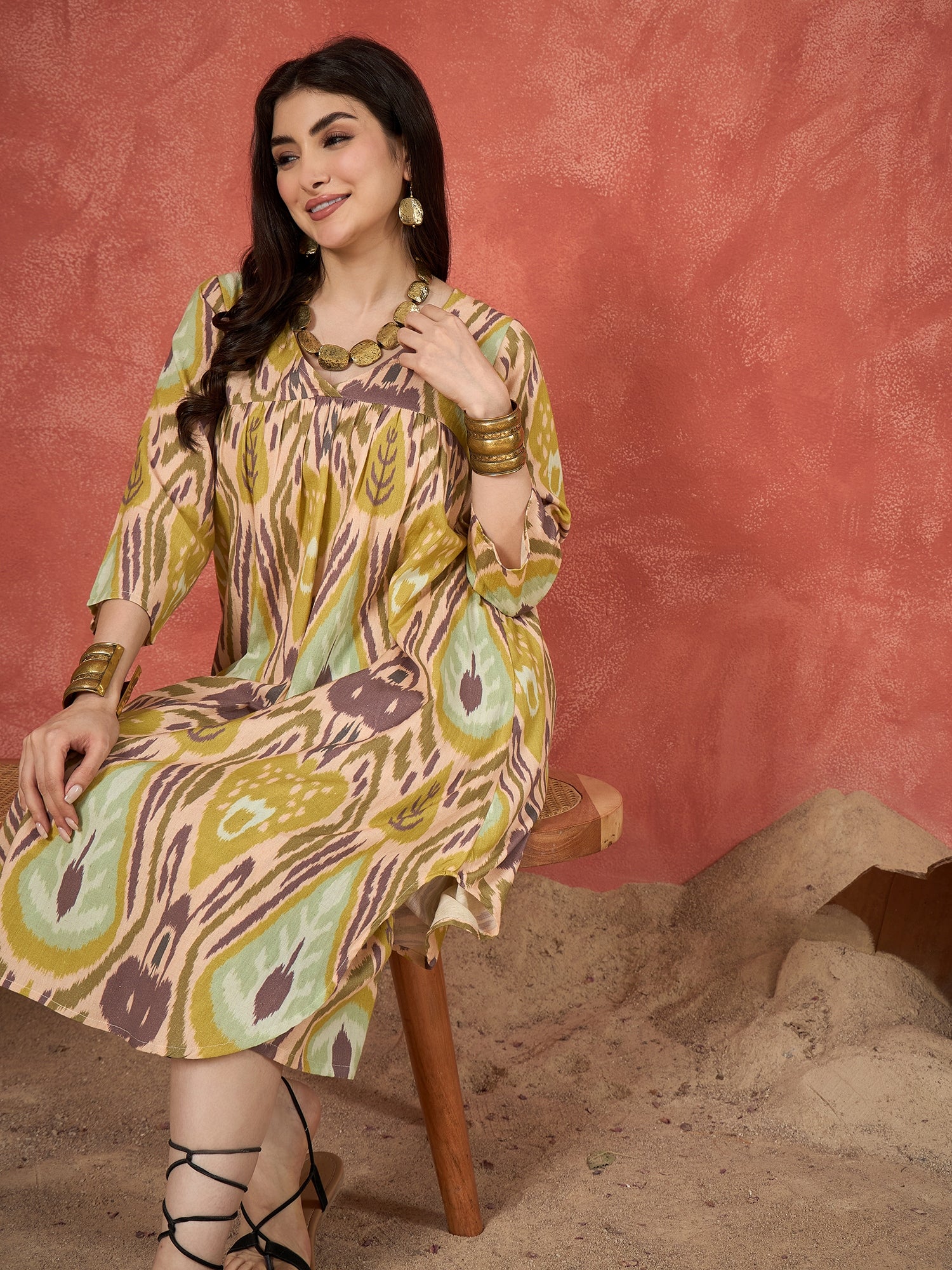 Olive Brown Ikkat Print V Neck Kurta Set