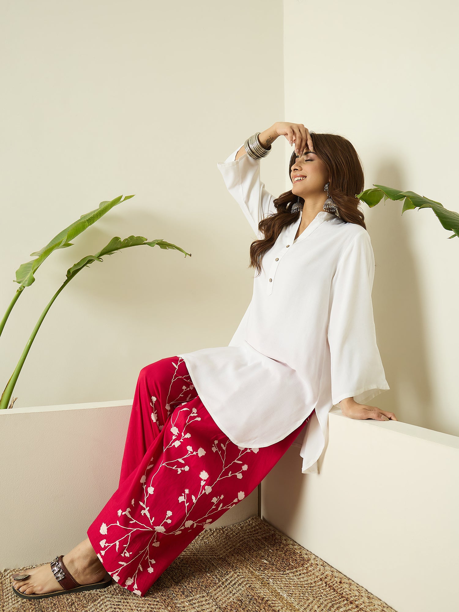 White Kurta Fuchsia Floral Salwar Set