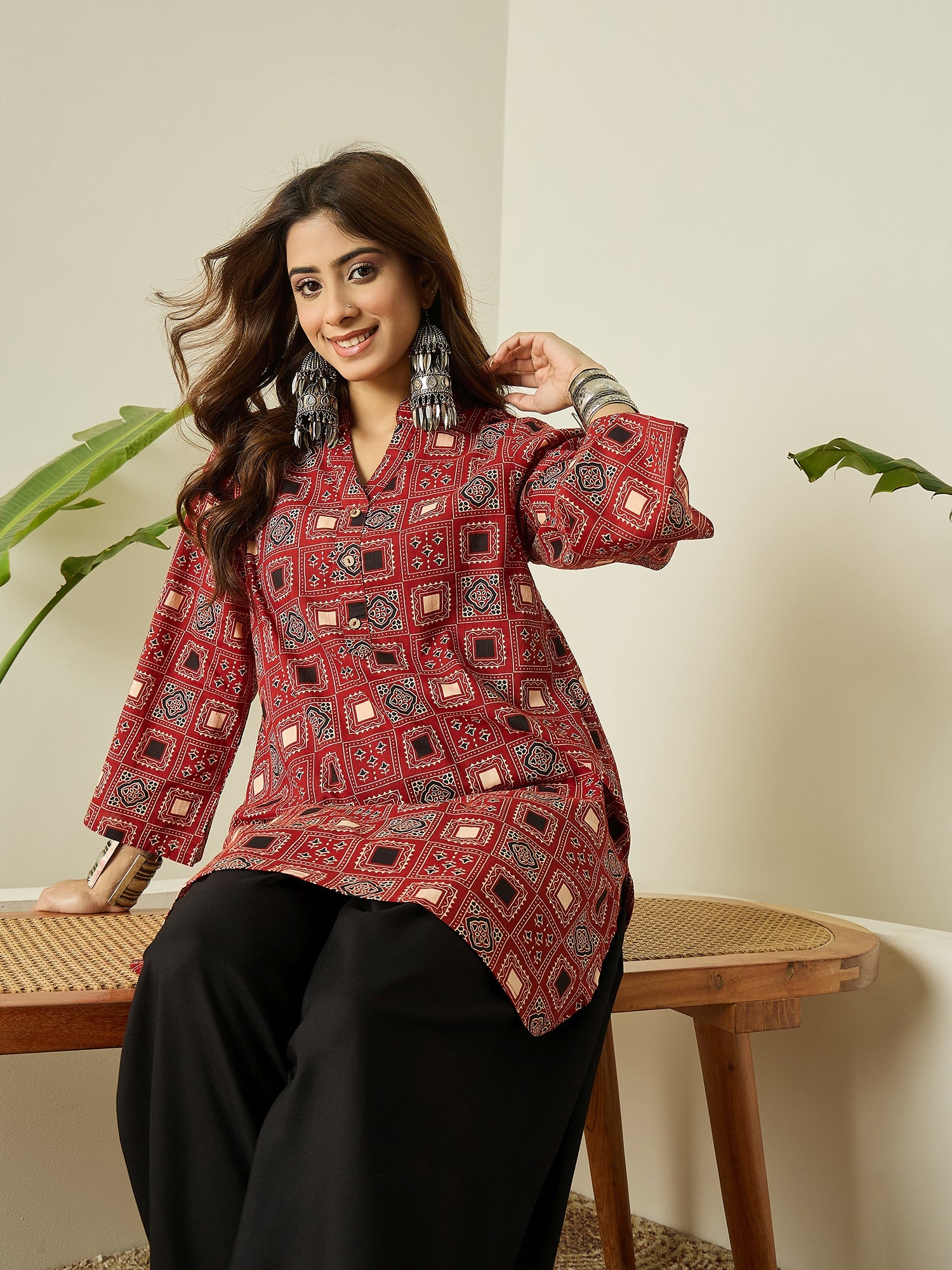 Rust Black Ethnic Kurta White Salwar Set