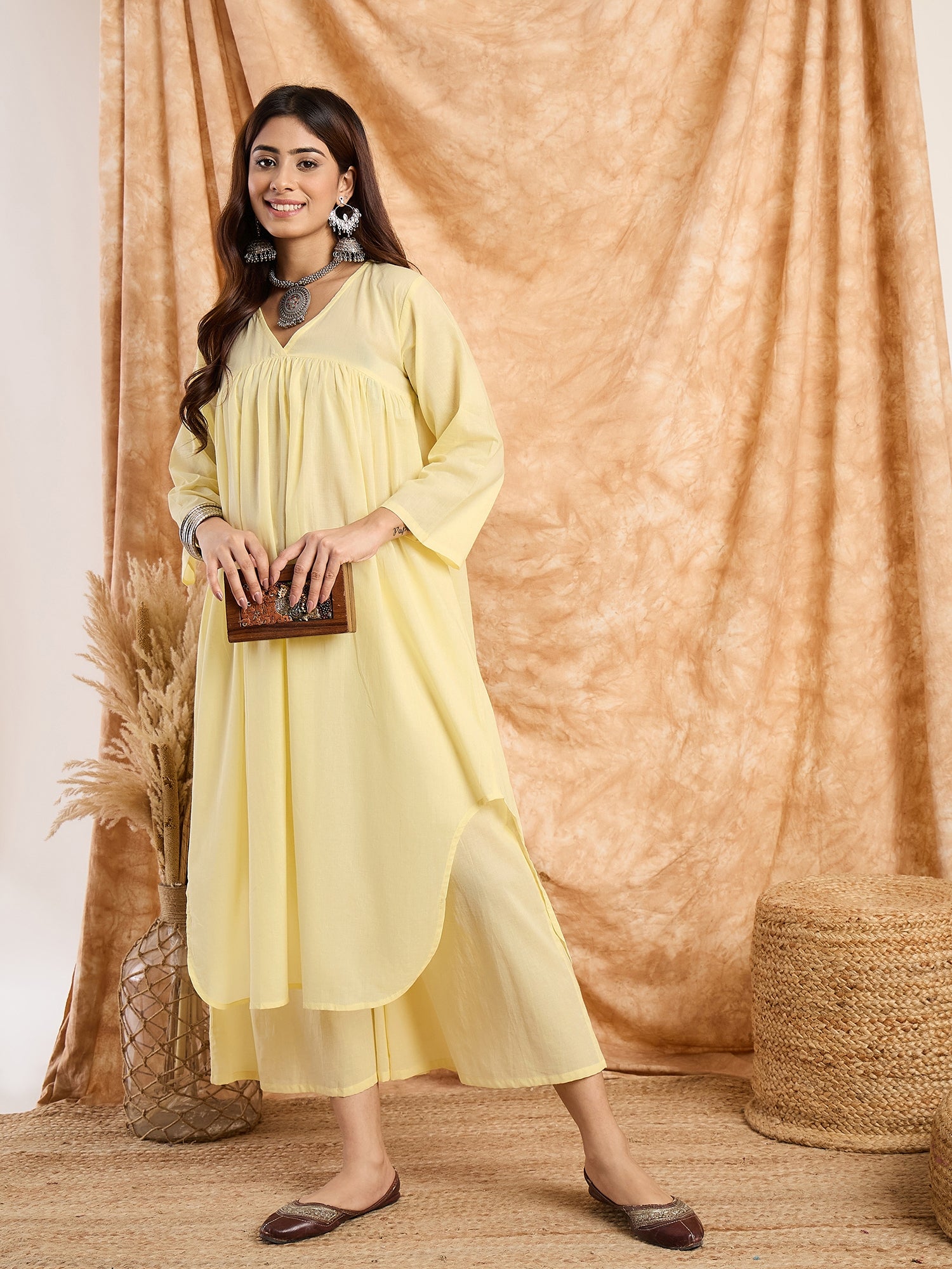 Light Yellow Pastel V Neck Flared Kurta Set
