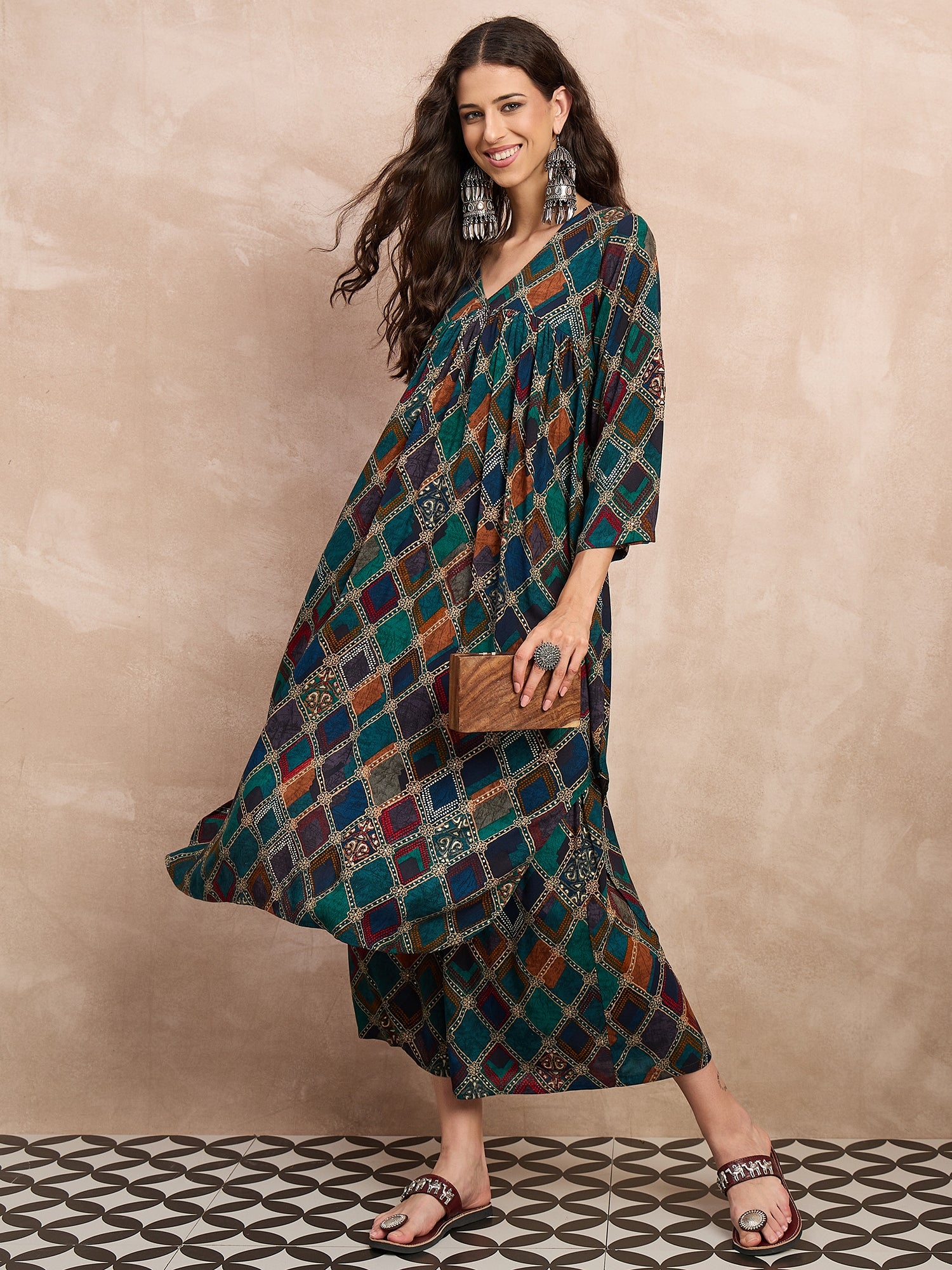 Blue Multi Square Print Flared Kurta Set