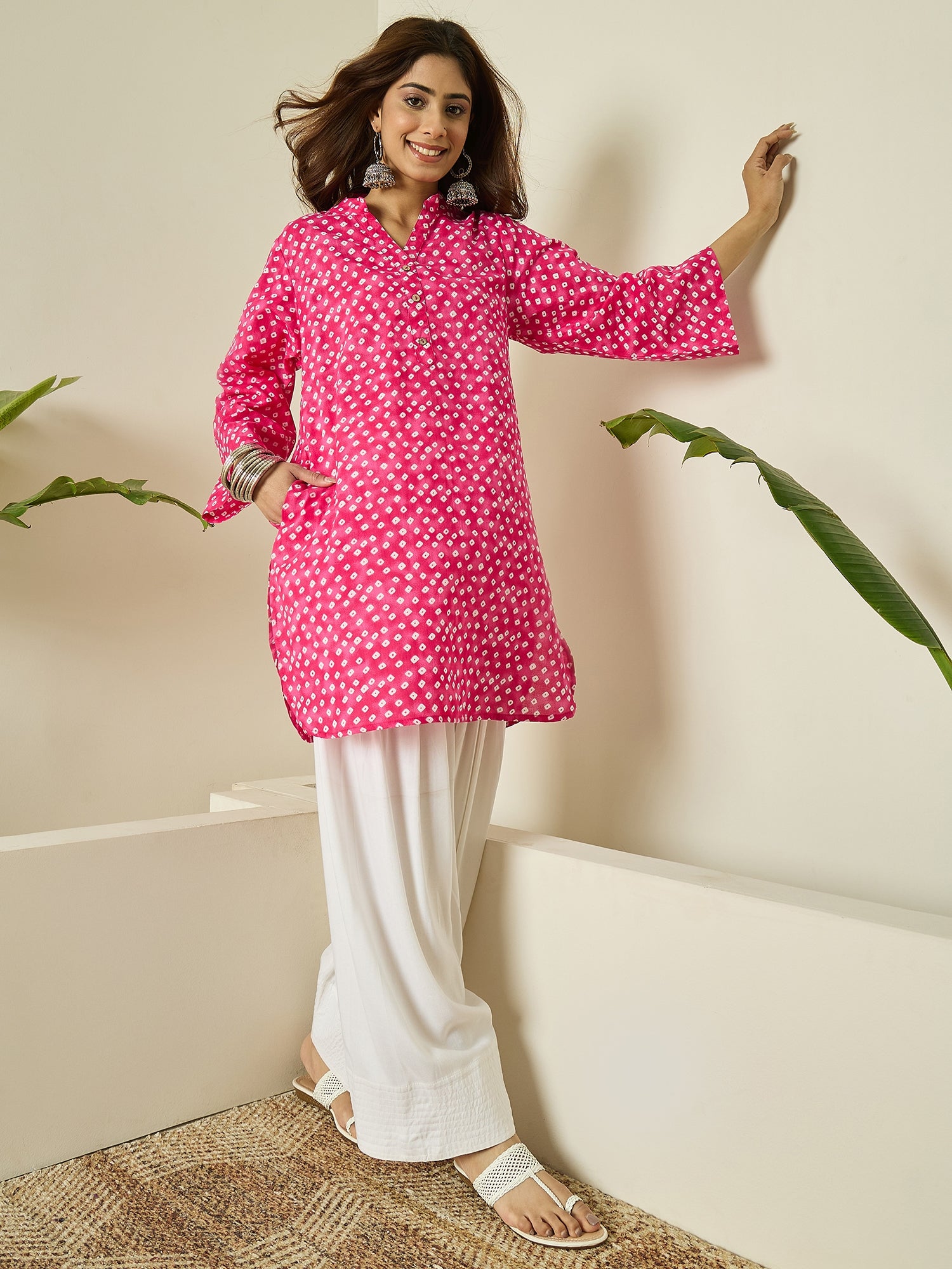 Pink White Dot Kurta White Salwar Set