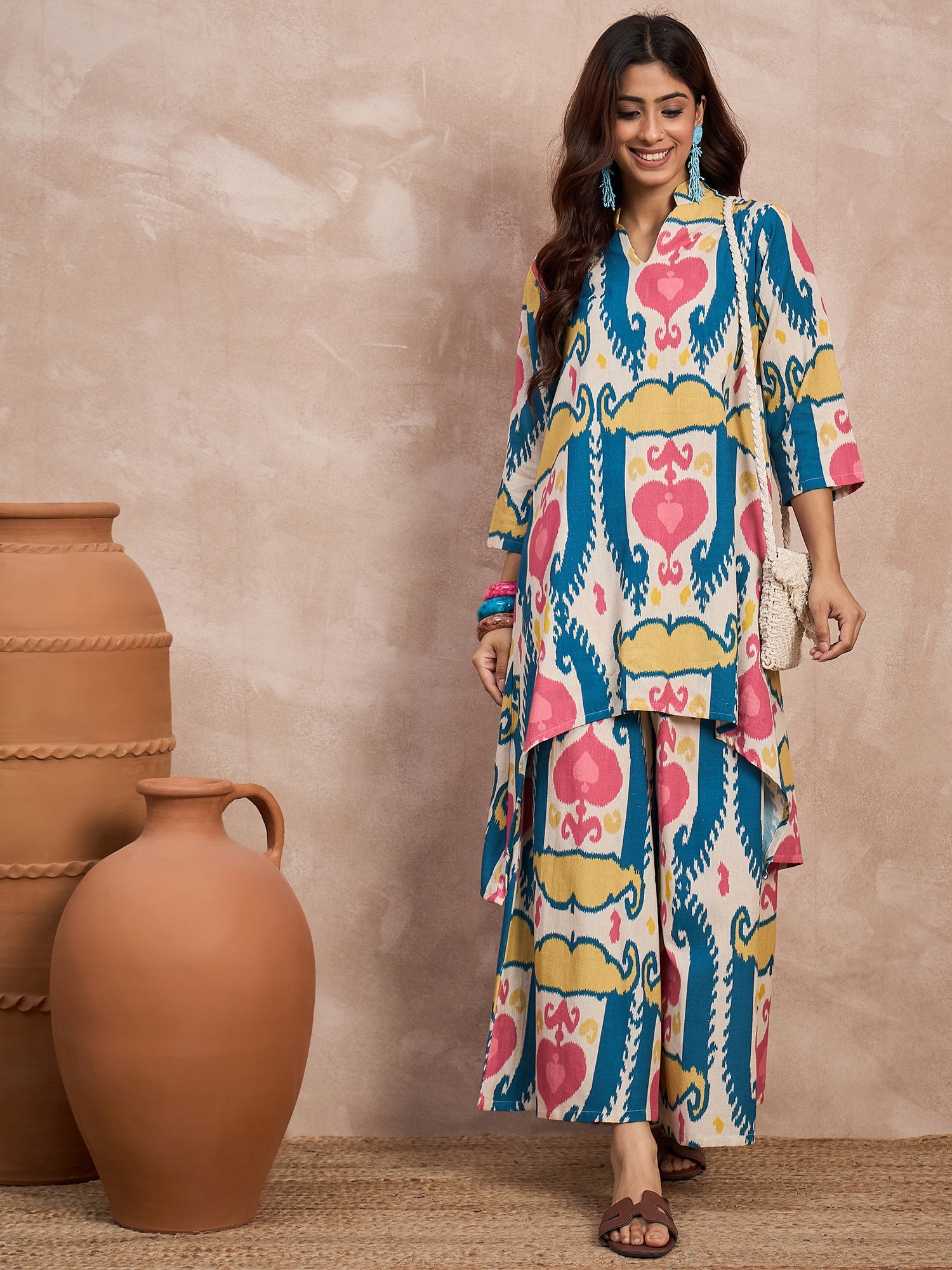 Teal Red Ikkat Print Mandarin Neck Kurta Set