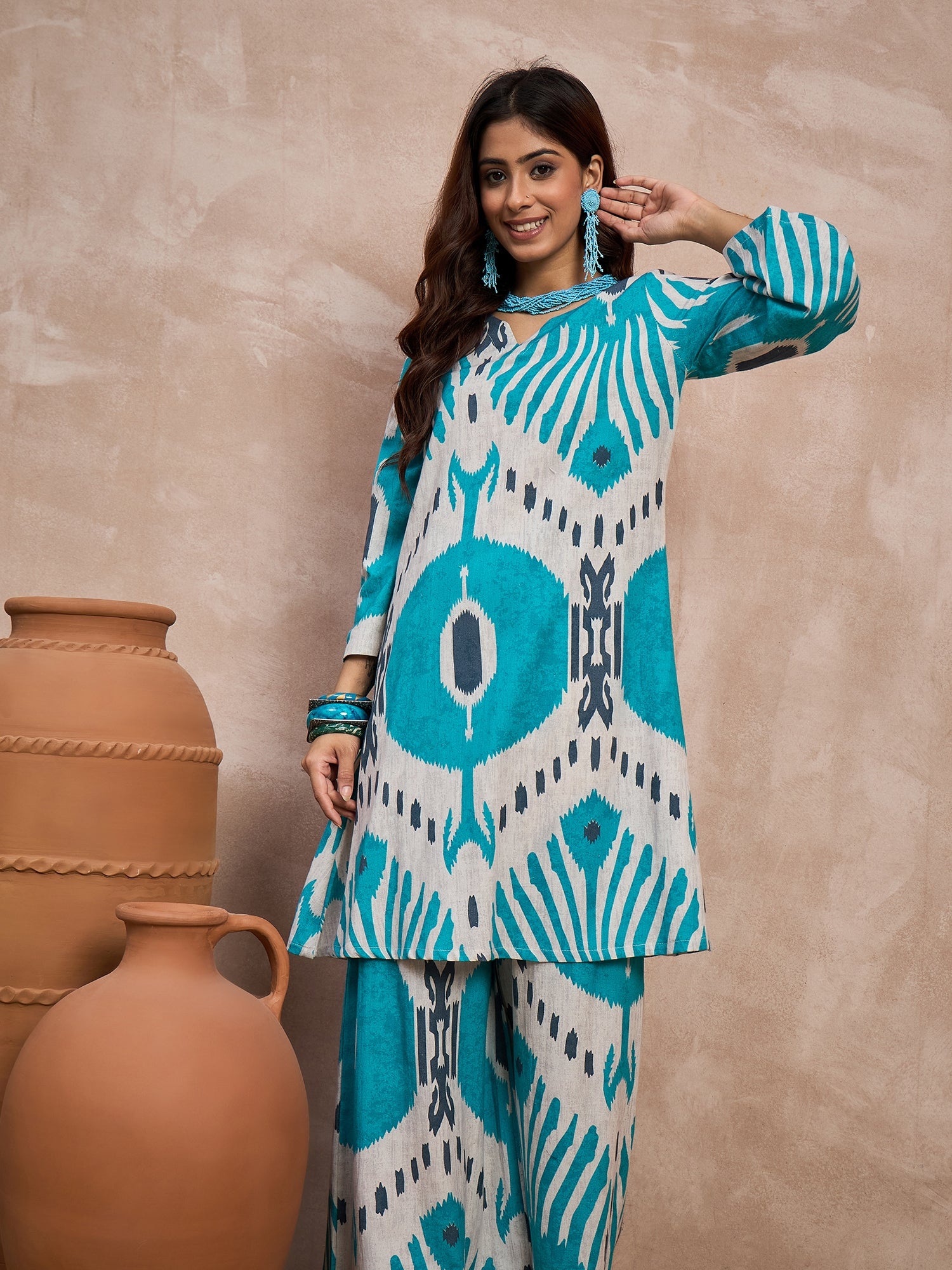 Sky Blue Ikkat Print Long Sleeve Kurta Set