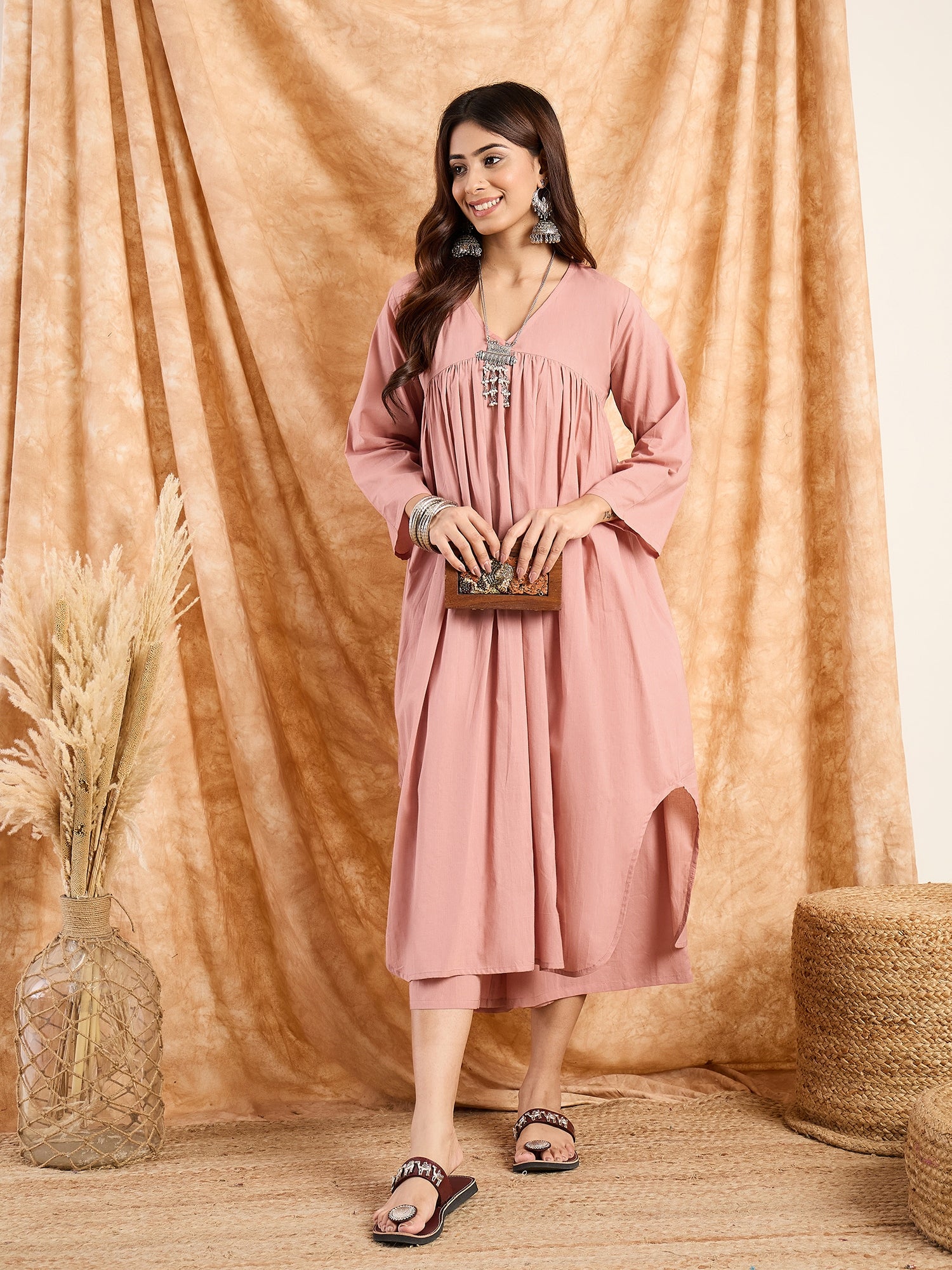 Rusty Pink V Neck Flared Kurta Set