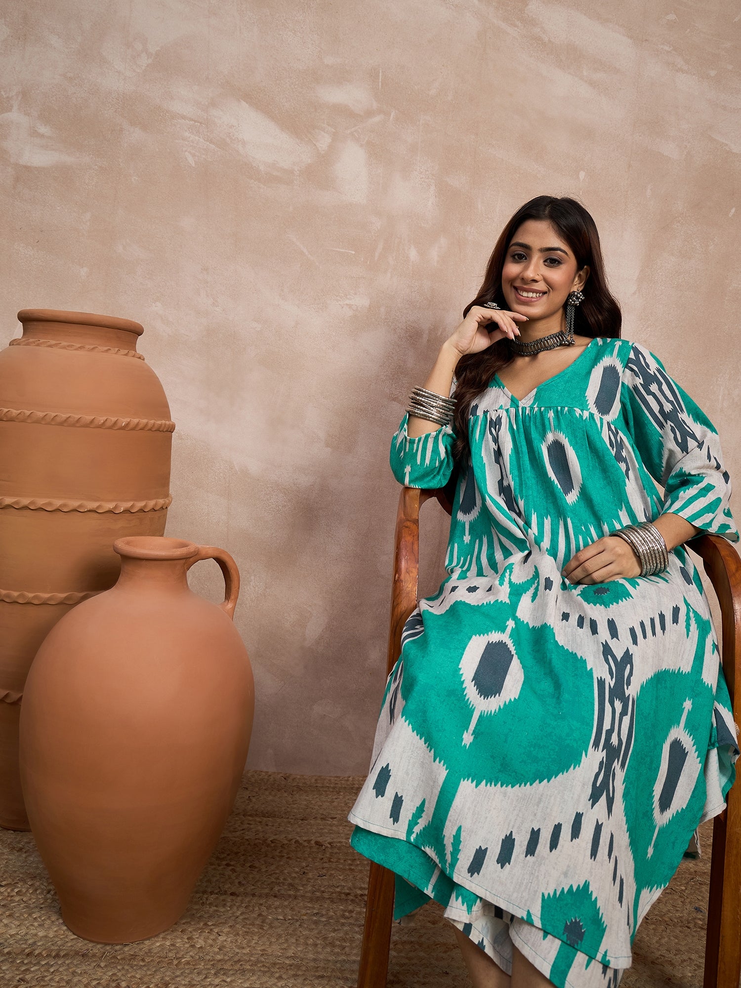 Sea Green White Ikkat Print V Neck Kurta Set