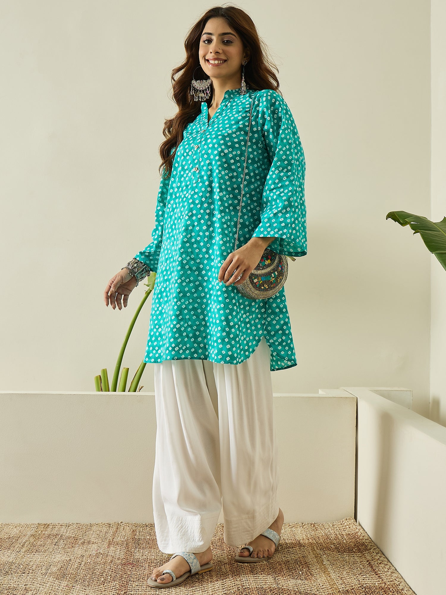 Blue White Dot Kurta White Salwar Set