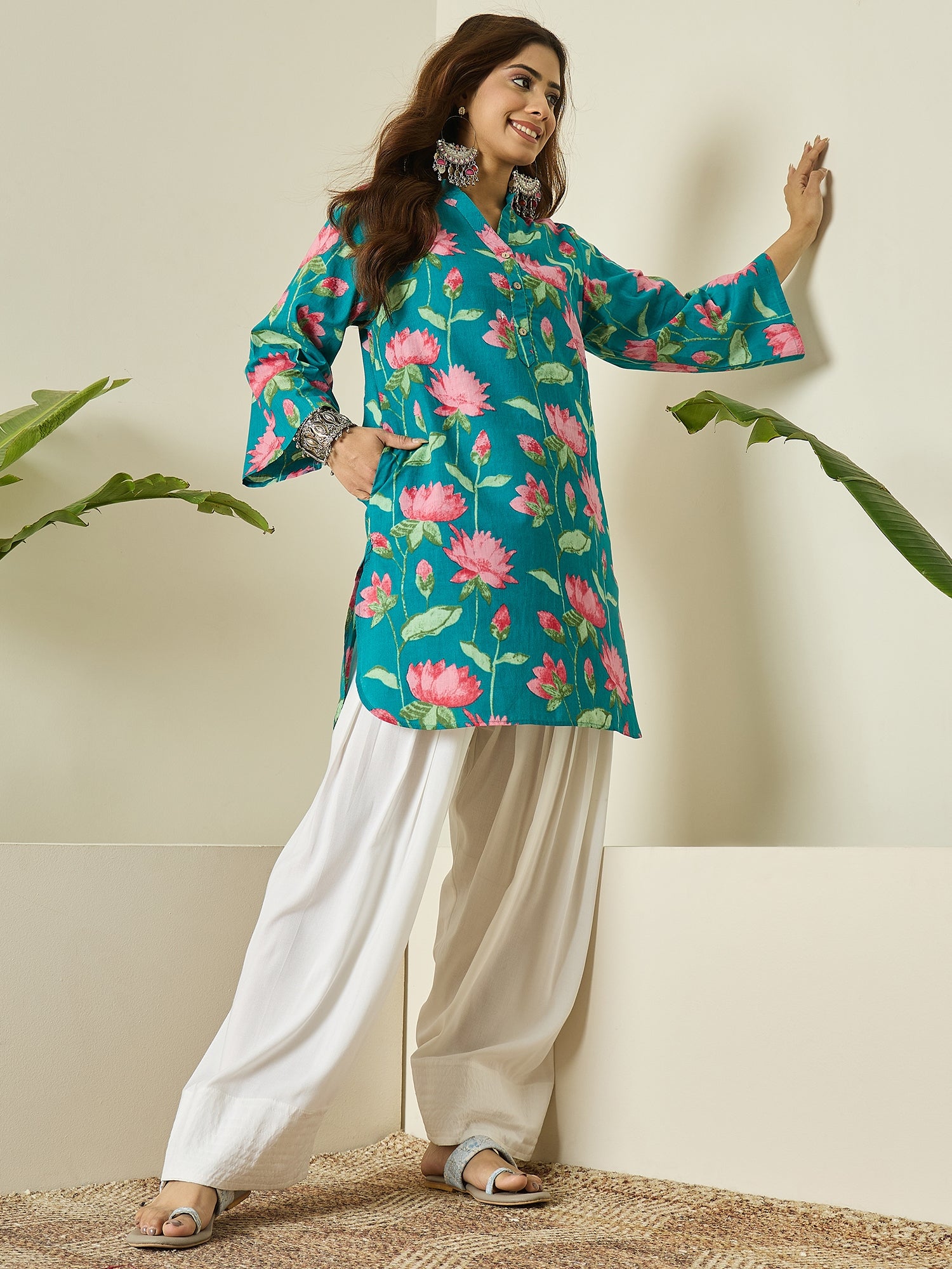 Teal Blue Lotus Kurta White Salwar Set