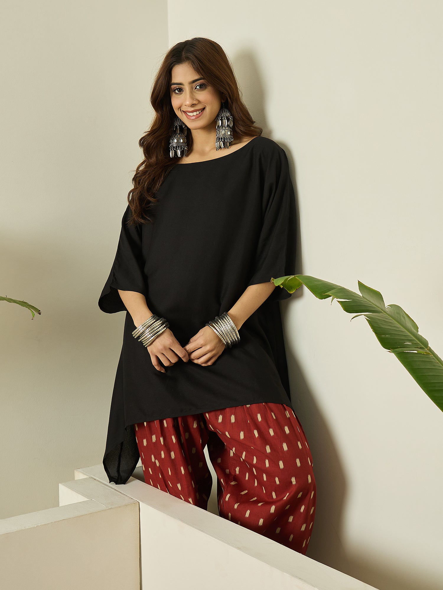 Black Boat Neck Rust Ikkat Salwar Set