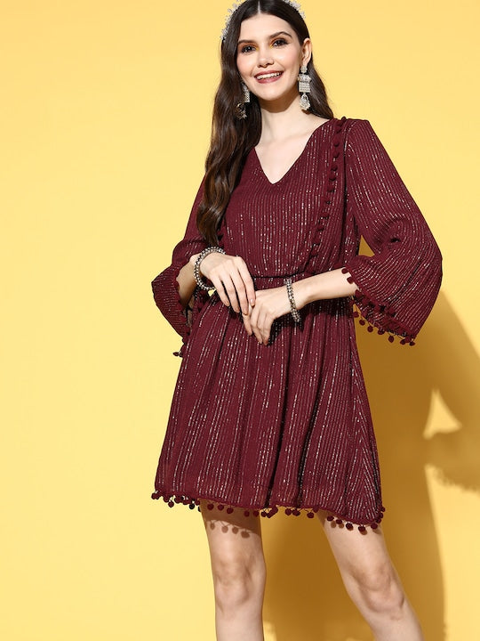 Maroon Lurex Dress With Lace
