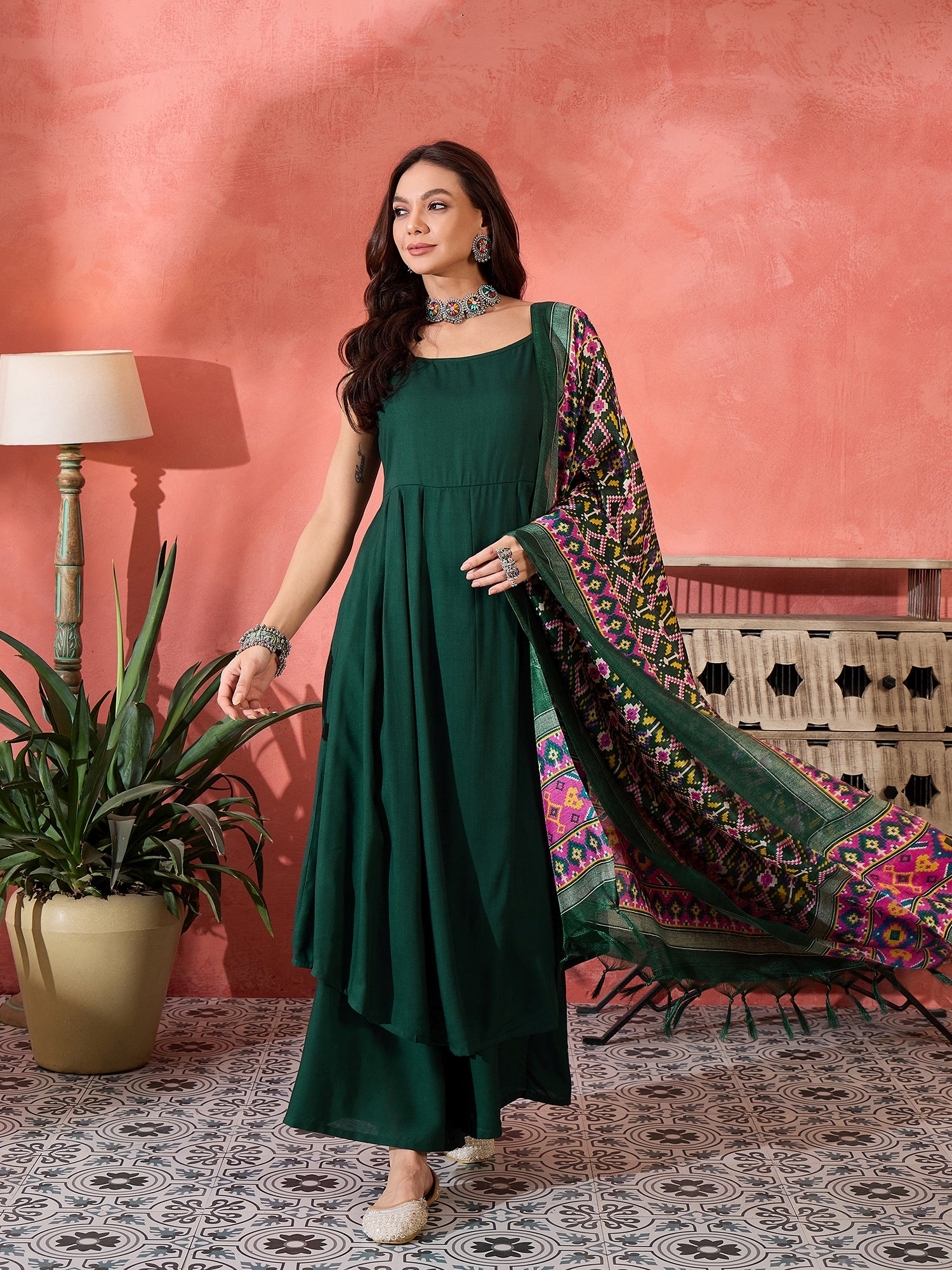 Green Strappy Kurta Set Green Patola Dupatta - InWeave Green Strappy Kurta Set Green Patola Dupatta - InWeave