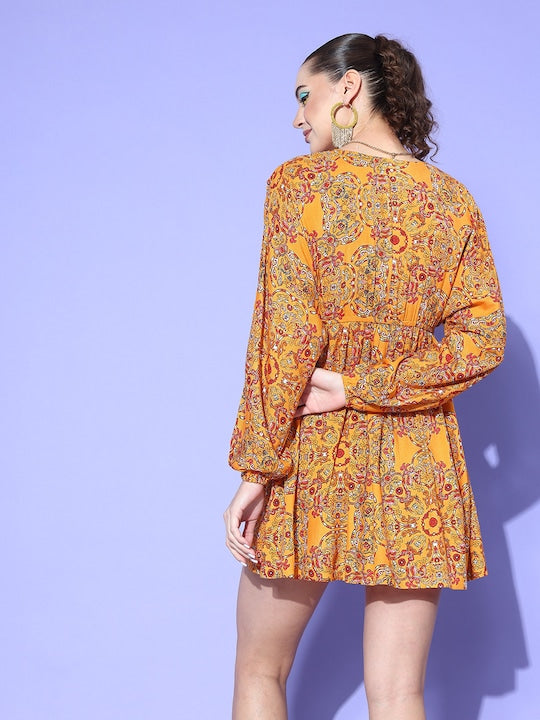 Canary Yellow Floral Print V-neck Dress