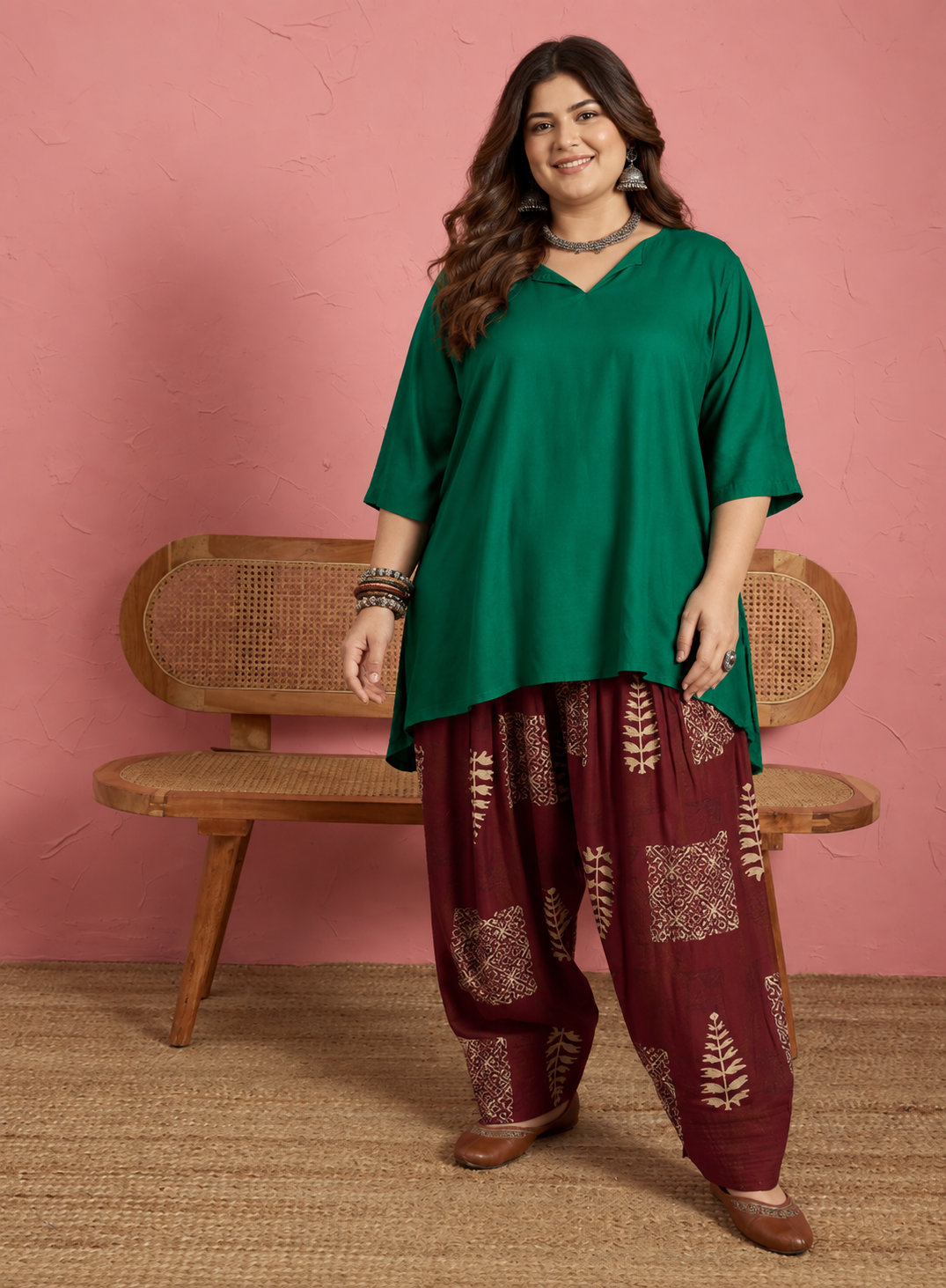 Green V Short Kurti Maroon Salwar Set