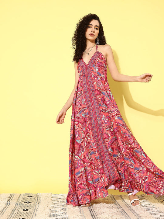 Peach Pink Camelia Print Back Detail Long Dress