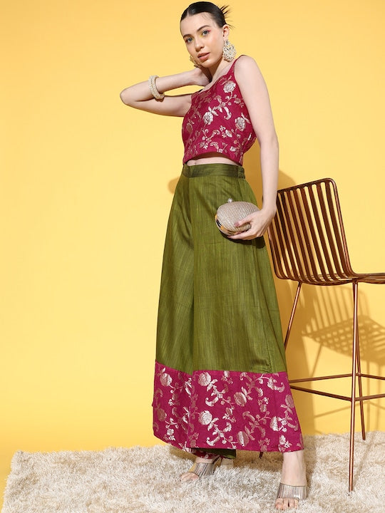 Pink Brocade Strappy Top W Olive Pink Brocade Palazzo Set