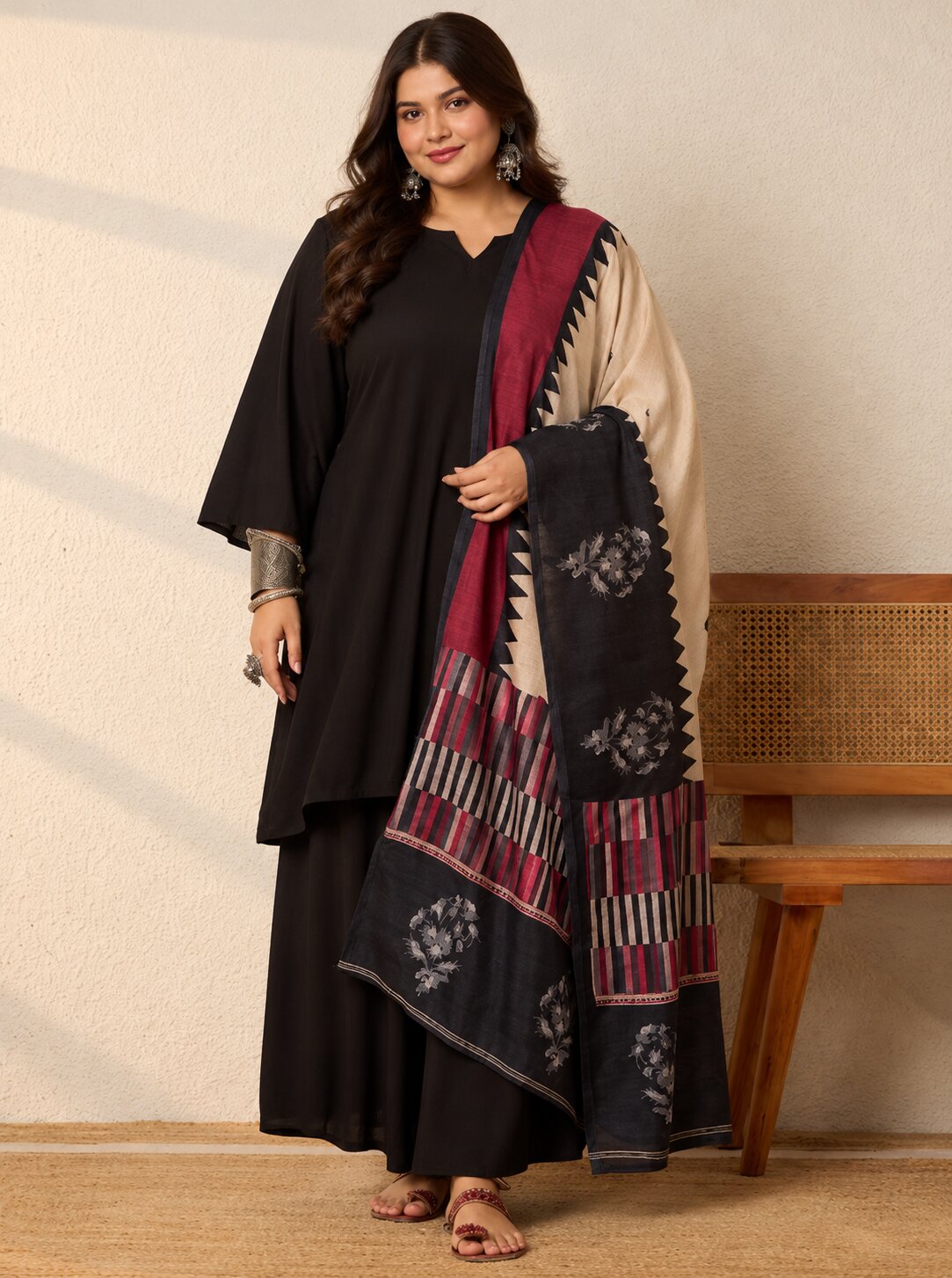 Black Kurta Set Crimson Chevron Dupatta