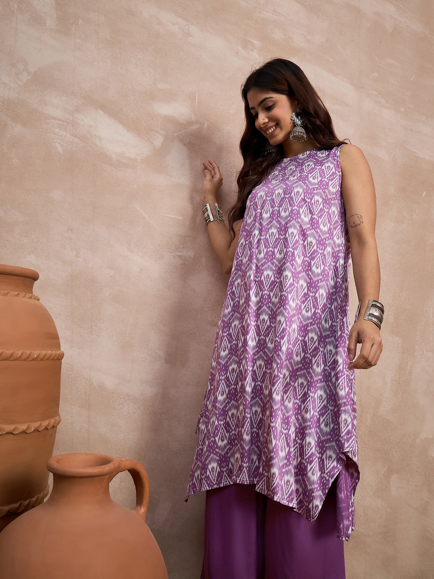 Dark Mauve Foil Kurta Palazzo Set