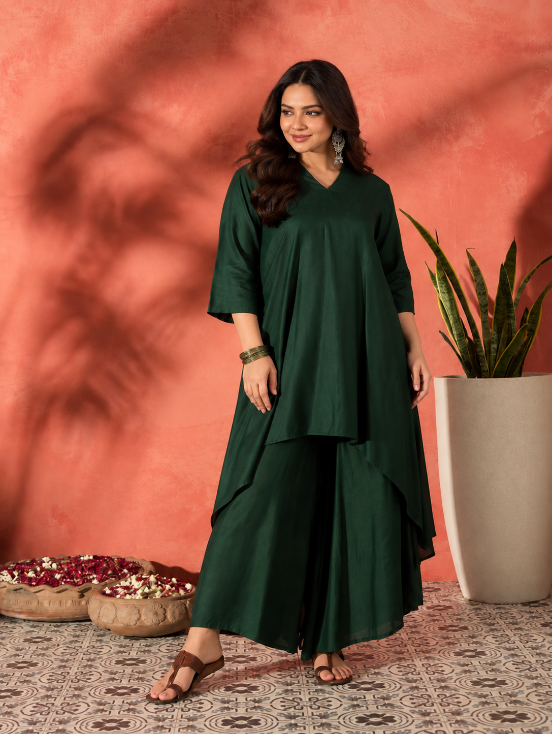 Dark Green Manderian Neck High Low Kurta Set