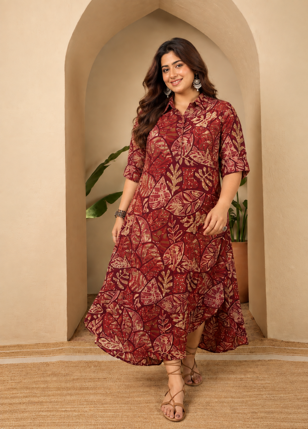 Wine Maroon Leaf Shirt Collar Long Dress
