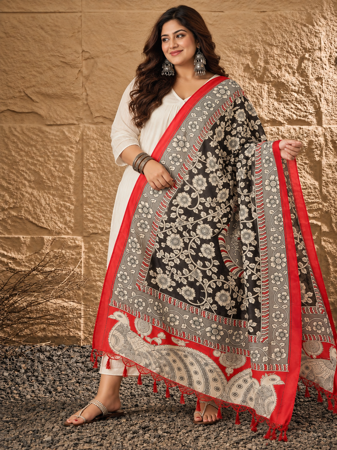 White V Neck Flared Red Black Kalamkari Dupatta Kurta Set