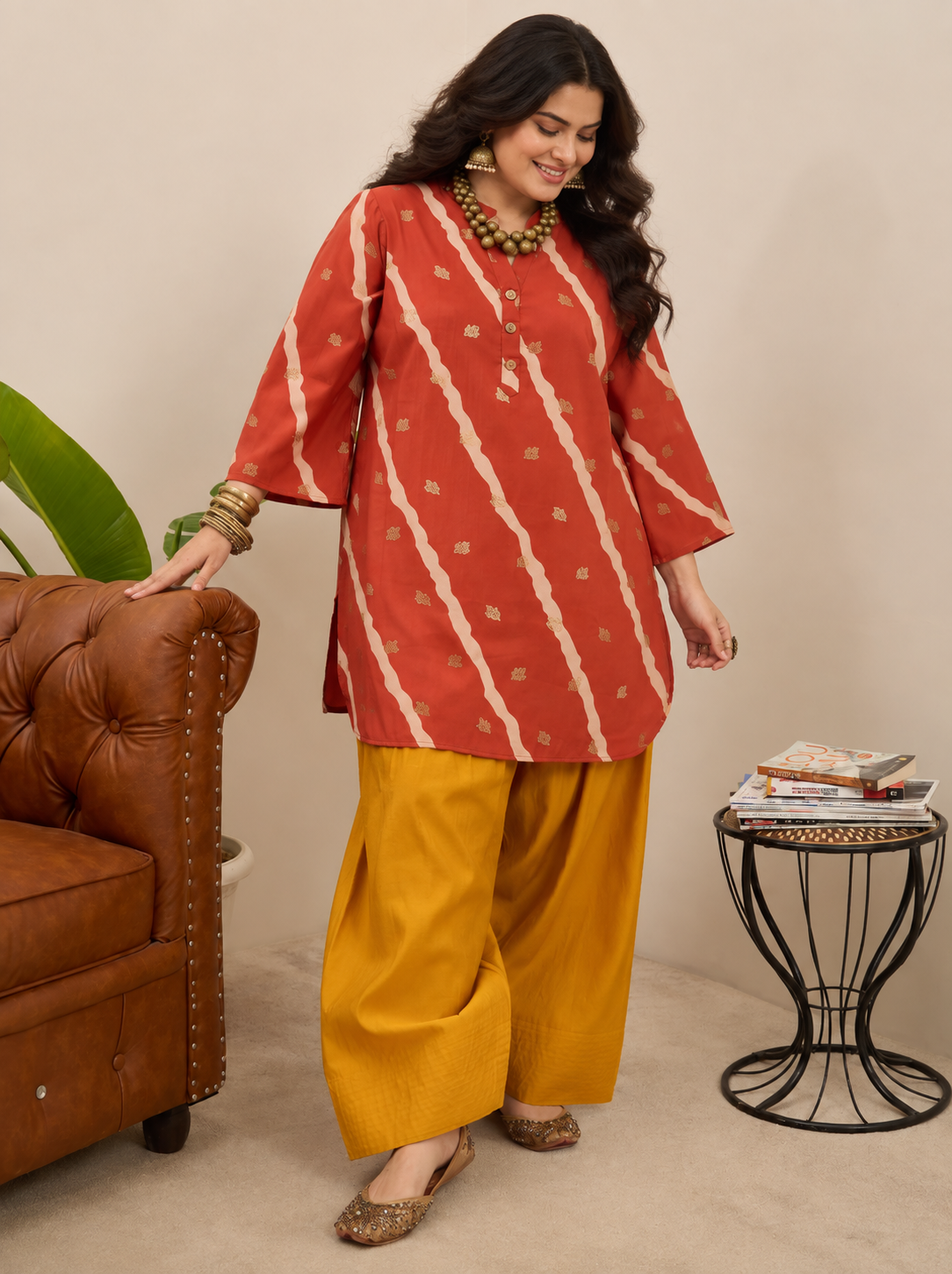 Orange Leheriya Kurta Yellow Salwar Set