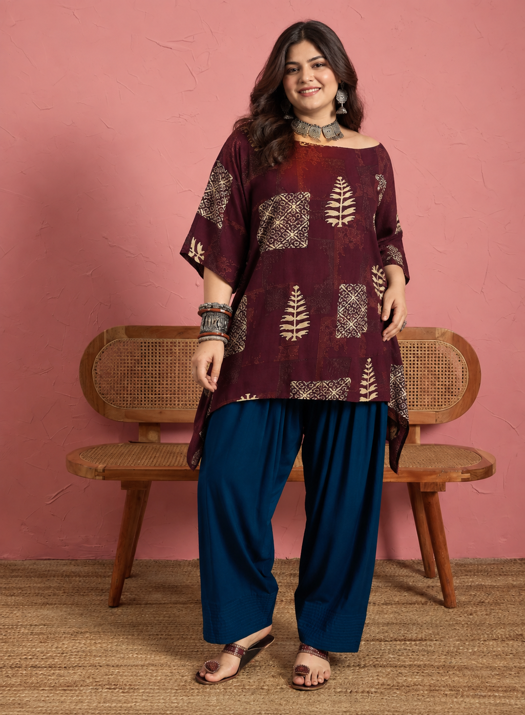 Wine Bloom Leaf Boat Neck Blue Salwar Set