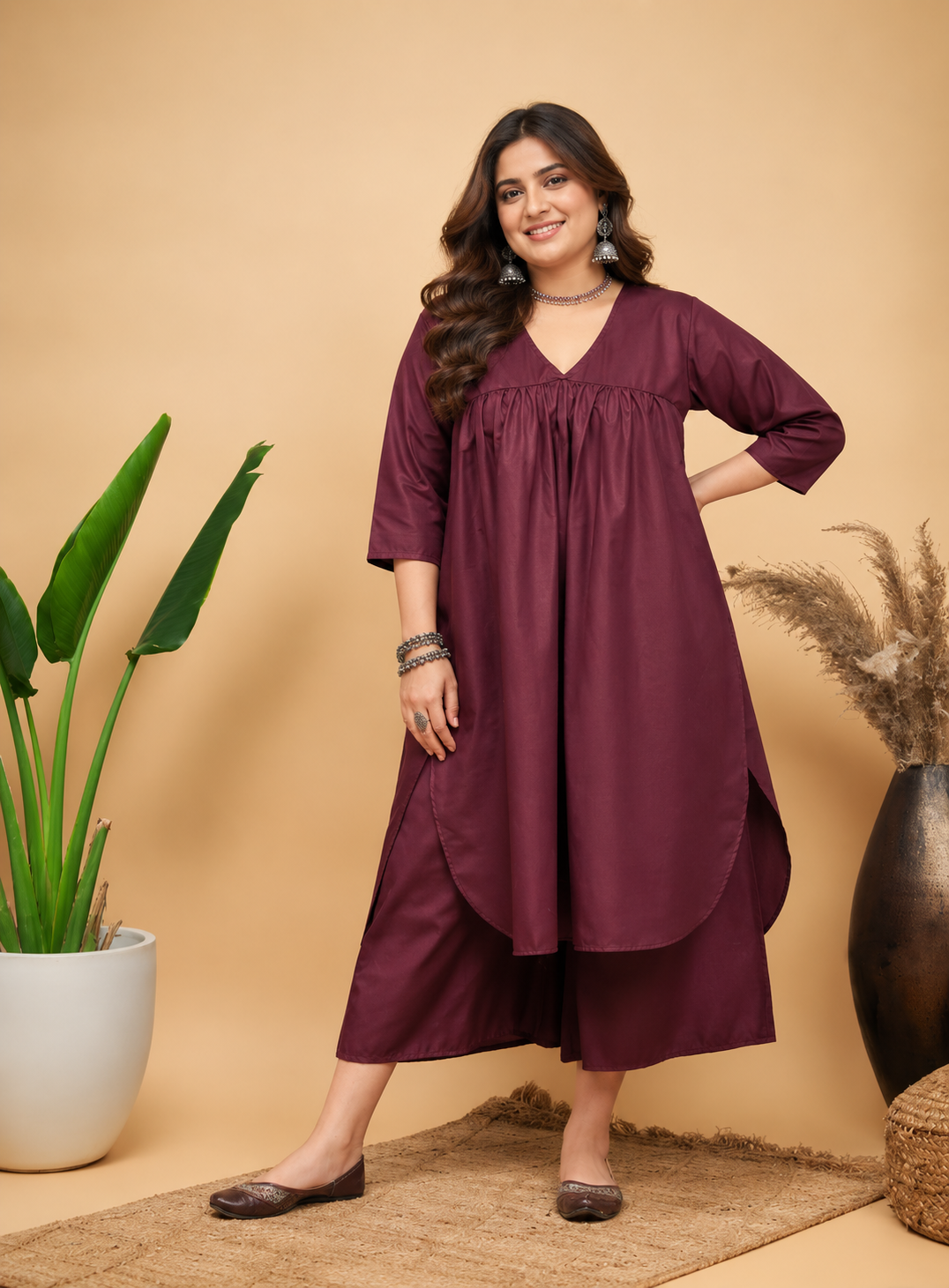 Wine Solid Flared Kurta Palazzo Set