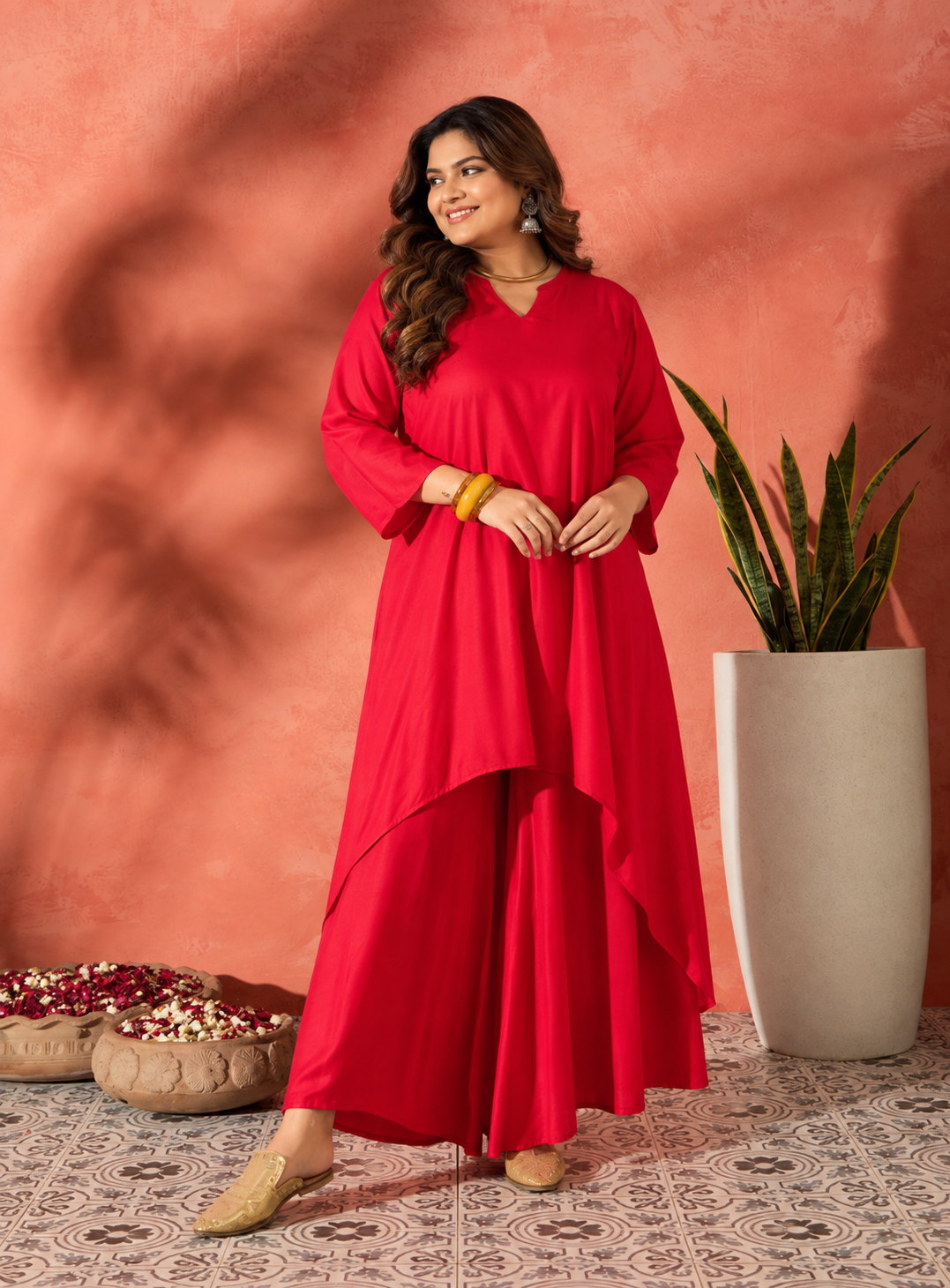 Red Manderian Neck High Low Kurta Set