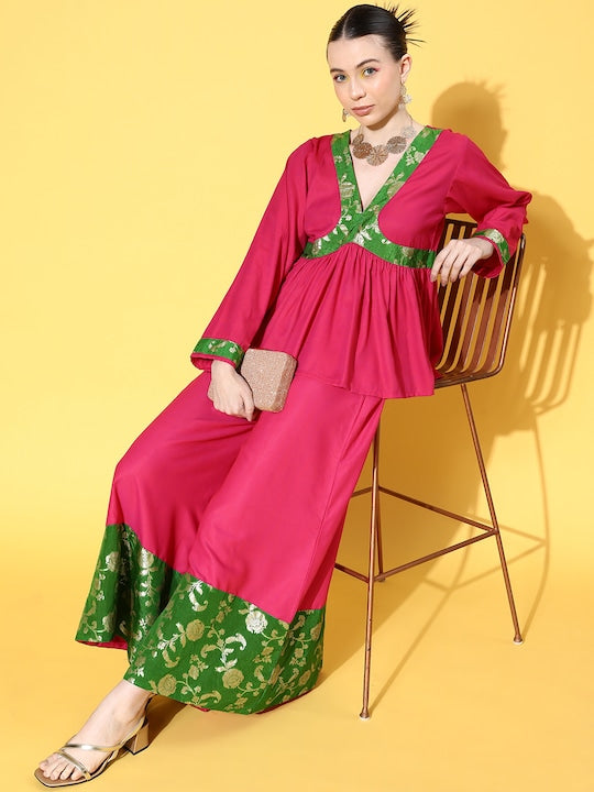 Fuchsia Green Brocade Mughal Shaan Kurta Palazzo Set