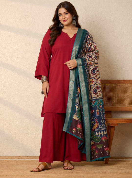 Burgundy Kurta Set Ikat Dupatta