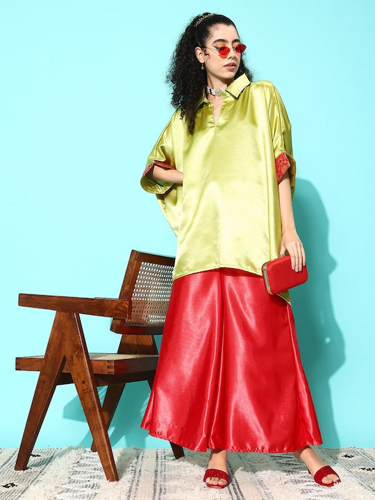 Olive Red Brocade Satin Boho Kurta Red Palazzo Set