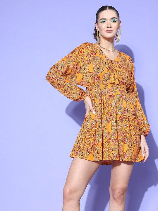 Canary Yellow Floral Print V-neck Dress