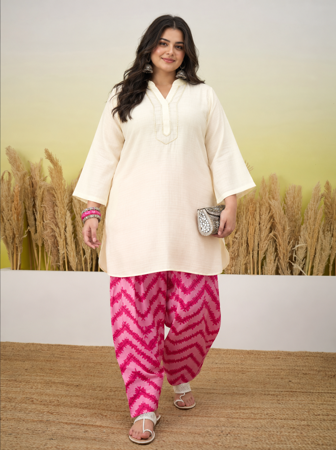 White Kurta Pink Chevron Print Salwar Set