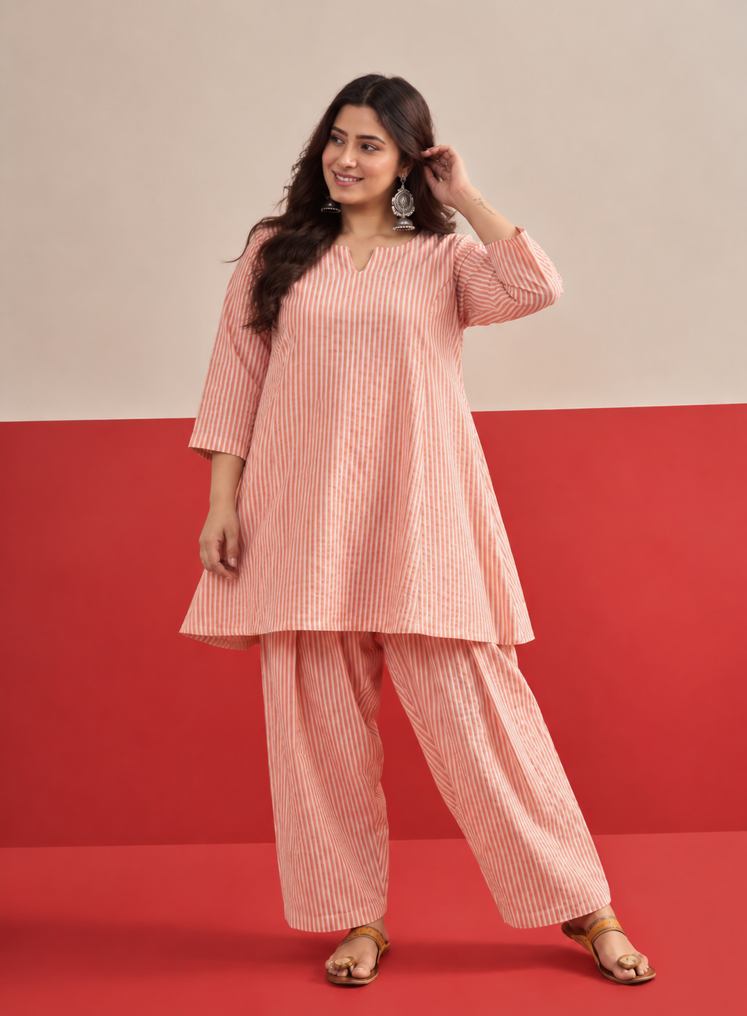 Peach White Stripe Peplum Farshi Salwar Set