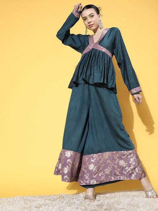 Teal Mauve Brocade Mughal Shaan Kurta Palazzo Set