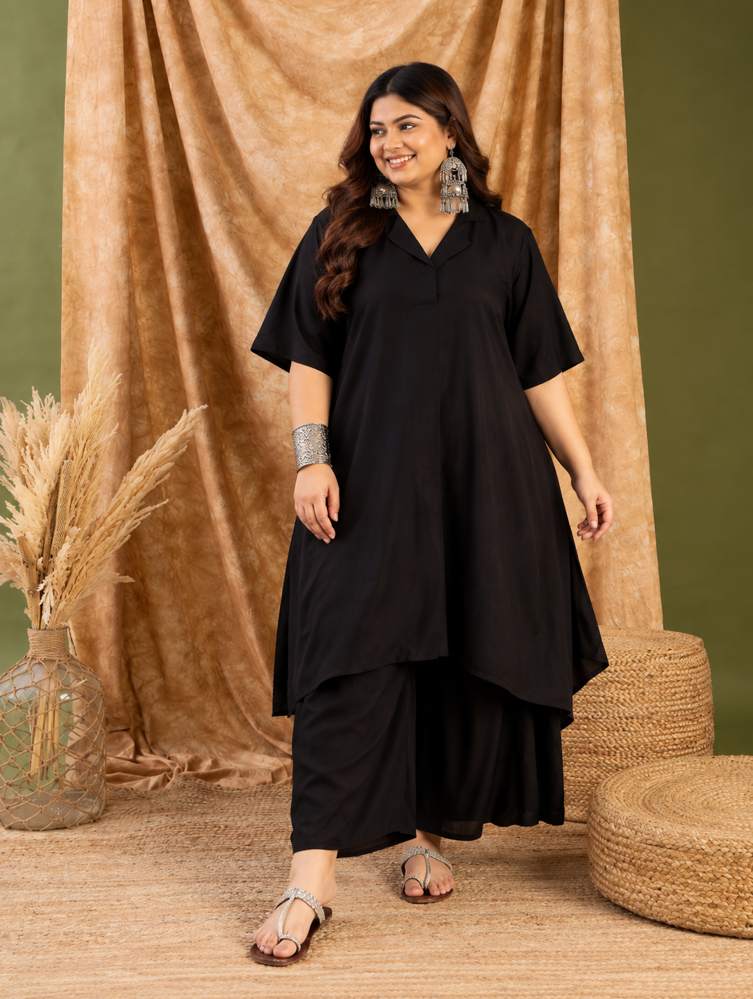 Black Collar Neck Kurta  Set