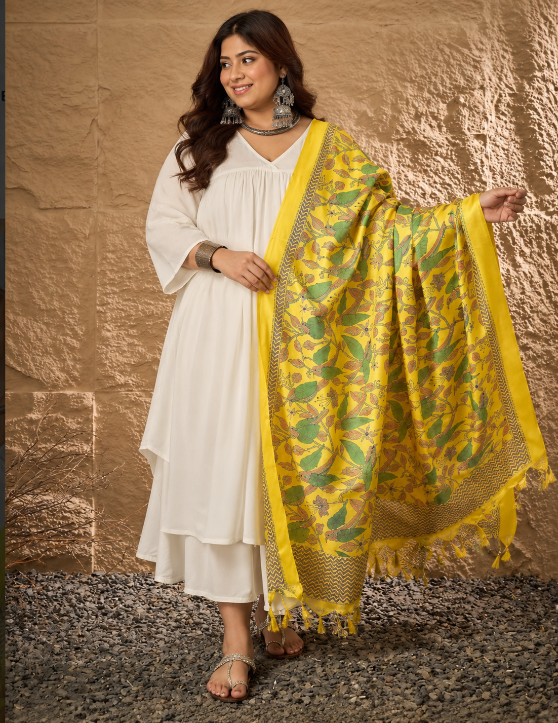 White V Neck Flared Yellow Bird Dupatta Kurta Set