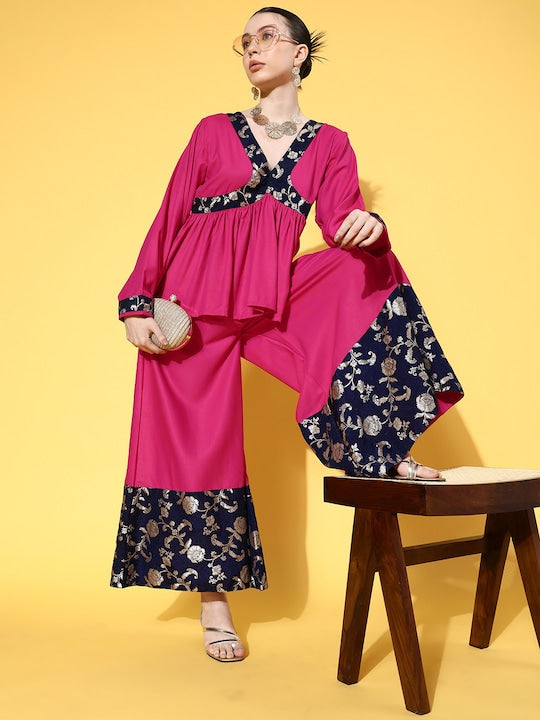 Fuchsia Blue Brocade Mughal Shaan Kurta Palazzo Set