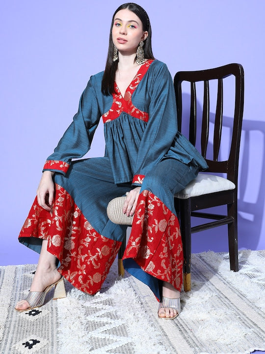 Teal Red Brocade Mughal Shaan Kurta Palazzo Set