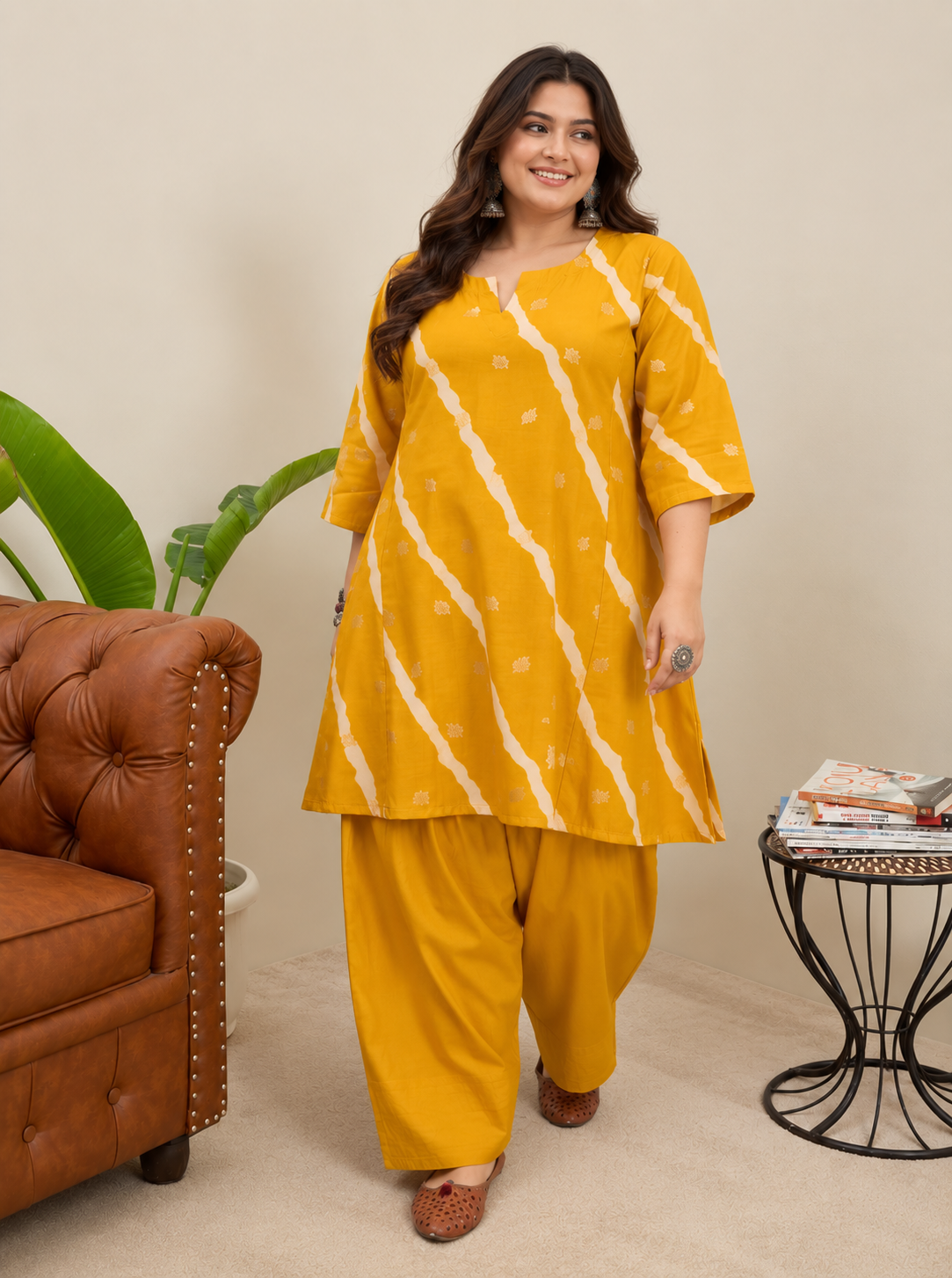 Yellow Lehariya Foil Kurta Salwar Set