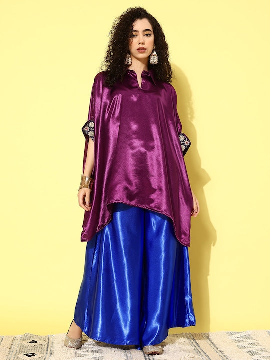 Wine Navy Brocade Satin Boho Blue Palazzo Set