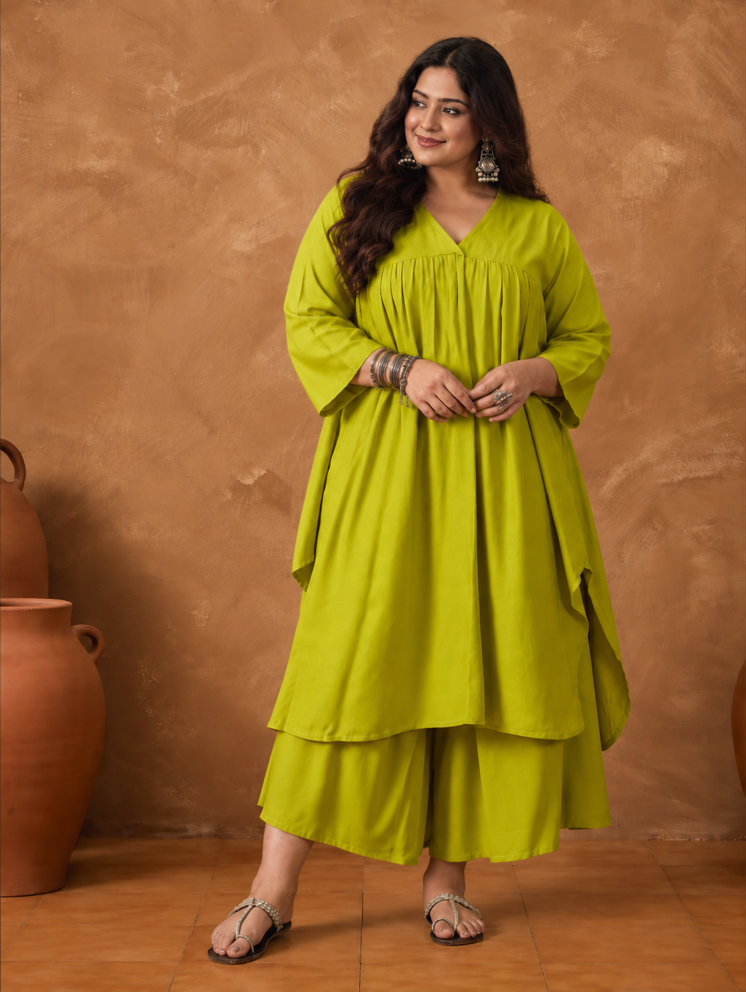 Lemon Yellow V Neck Flared Palazzo Set