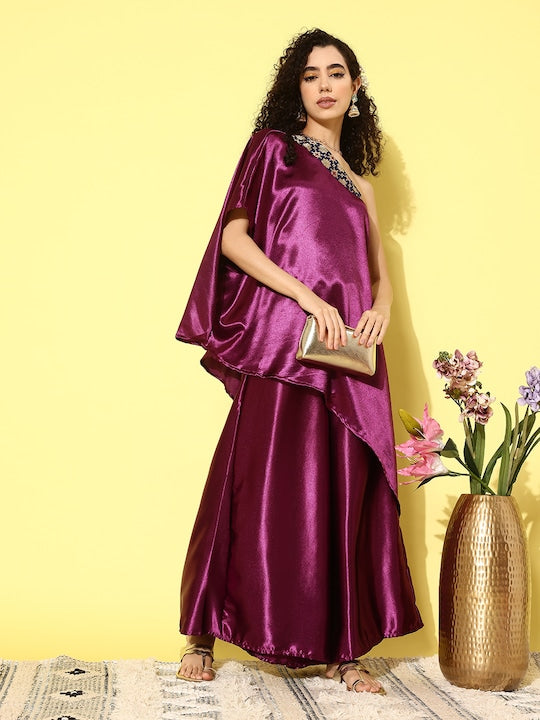 Wine Navy Brocade Satin Oneshoulder Kurta Set