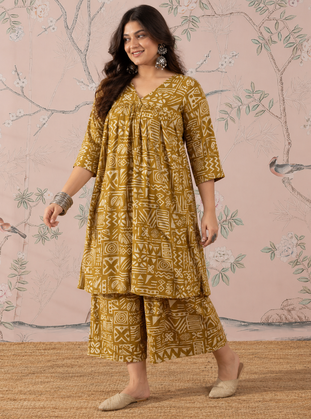 Dark Yellow Ethnic  Flared Kurta Set
