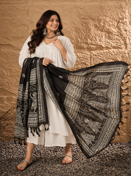 White V Neck Flared Black White Dupatta Kurta Set