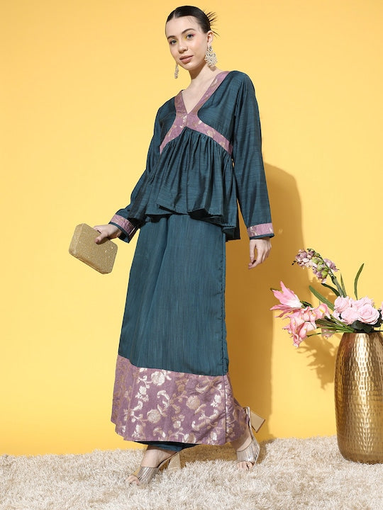 Teal Mauve Brocade Mughal Shaan Kurta Palazzo Set