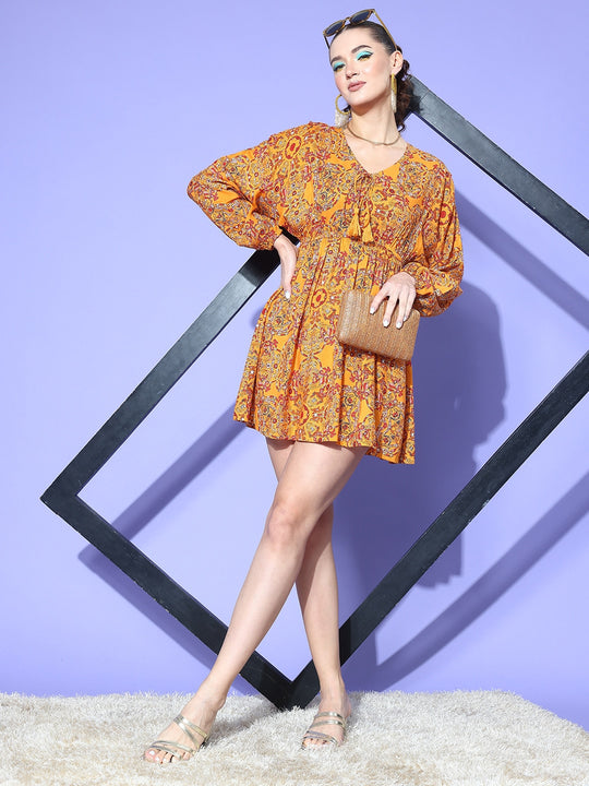 Canary Yellow Floral Print V-neck Dress